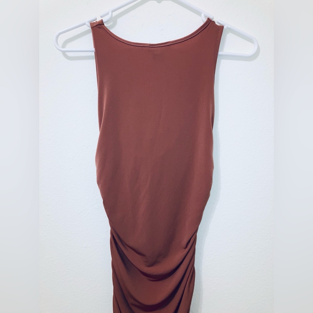 Wearever Terra Cotta Ruched Bodycon Dress Size S Draped Neck - Picture 9 of 9